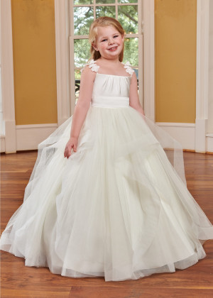 Gathered Neck Ivory Satin Tulle Ruffled Flower Girl Dress